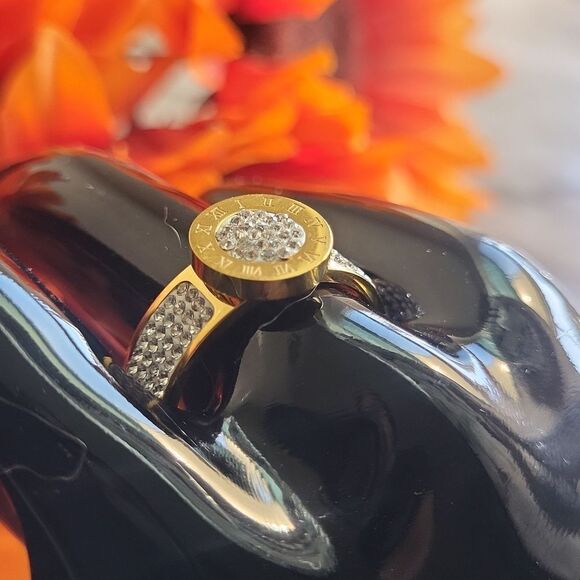 Stainless Steel 14K Gold Plated Numerals Inlaid Lab Diamond Luxury Ring Size 7 - Picture 11 of 15